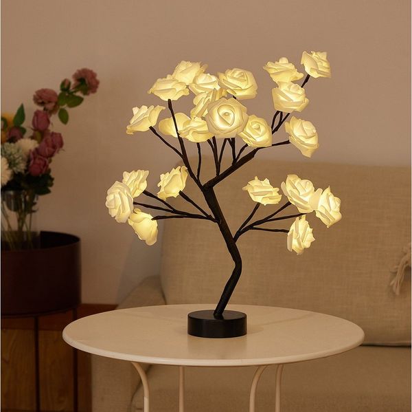 MUPOO LED Baum Rosenblütenbaum Licht für Tischplatte, LED-Tisch-Bonsai-Baum Lichtdekor, Weiße Rose, schwarze Basis, LED fest integriert, für Valentinstag,Zuhause,Hochzeit