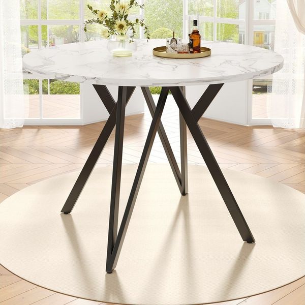 KLAM HOME Esstisch Runder Esstisch (100×100×76cm), Küchen-Esstisch, runder Couchtisch (stilvolle Tischbeine aus Metall, Tischplatte aus MDF-Marmor, Gold), geeignet für Esszimmer, Wohnzimmer