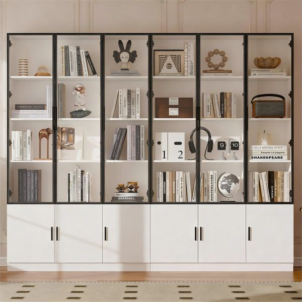 OKWISH Vitrine Regal 240x200x32 cm mit 12 Glastüren & LED-Beleuchtung – MDF Weiß (Packung, 2-St, Stauraum mit integrierter Kippsicherung) Schlanke 200cm Vitrine, Elegante Präsentation für Sammlerstücke