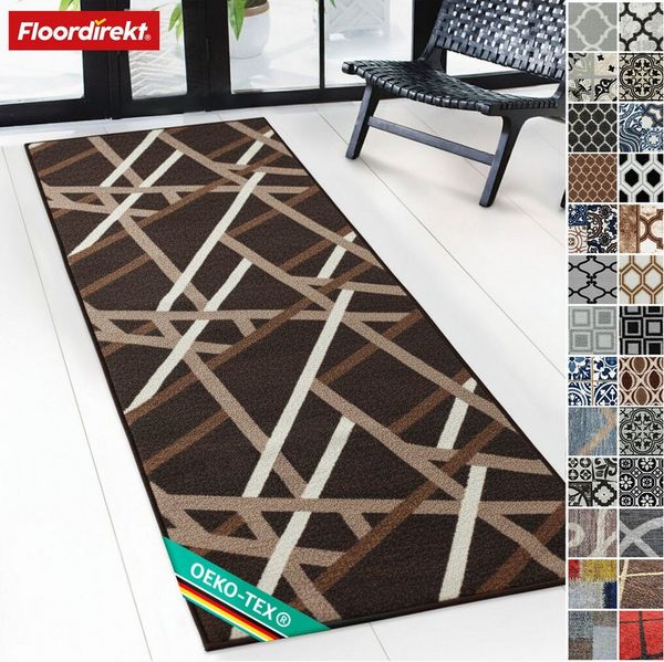 Floordirekt Läufer Printed, modernes Streifen Design, strapazierfähiger Flur Läufer, Rechteckig, rutschfeste Rückseite, für Flur, Küche & Eingang, Braun - 67x100 cm