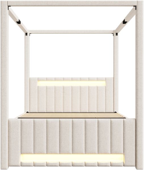Merax Doppelbett 140x200 cm, Polsterbett, großes Polster-Himmelbett mit Ausziehbett und drei Schubladen, LED-Beleuchtung, Beige Bild 6