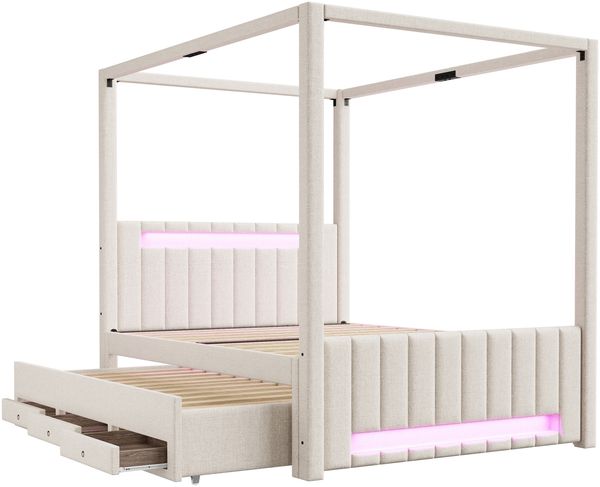 Merax Doppelbett 140x200 cm, Polsterbett, großes Polster-Himmelbett mit Ausziehbett und drei Schubladen, LED-Beleuchtung, Beige Bild 9