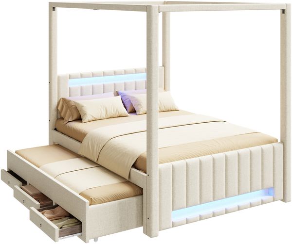 Merax Doppelbett 140x200 cm, Polsterbett, großes Polster-Himmelbett mit Ausziehbett und drei Schubladen, LED-Beleuchtung, Beige Bild 10