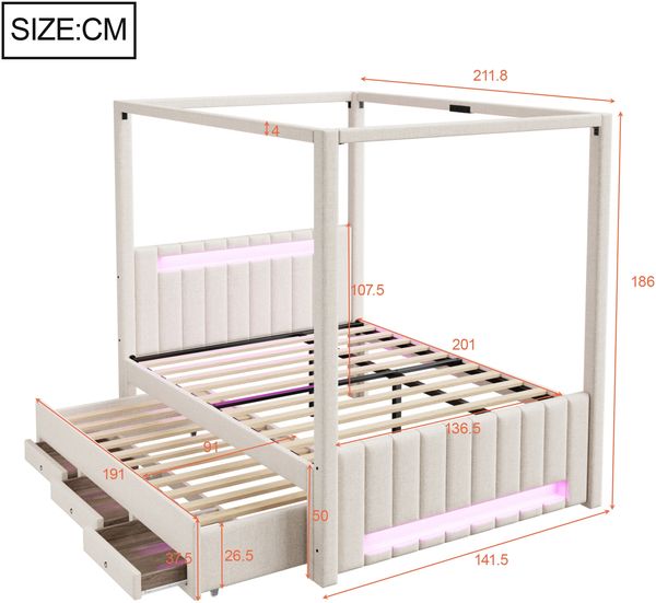Merax Doppelbett 140x200 cm, Polsterbett, großes Polster-Himmelbett mit Ausziehbett und drei Schubladen, LED-Beleuchtung, Beige Bild 4