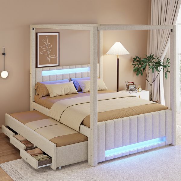 Merax Doppelbett 140x200 cm, Polsterbett, großes Polster-Himmelbett mit Ausziehbett und drei Schubladen, LED-Beleuchtung, Beige