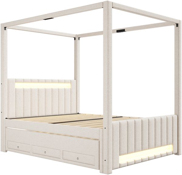 Merax Doppelbett 140x200 cm, Polsterbett, großes Polster-Himmelbett mit Ausziehbett und drei Schubladen, LED-Beleuchtung, Beige Bild 7