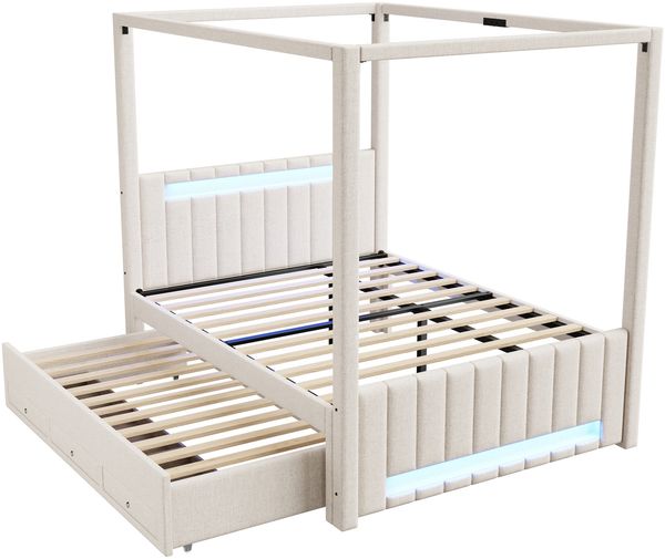 Merax Doppelbett 140x200 cm, Polsterbett, großes Polster-Himmelbett mit Ausziehbett und drei Schubladen, LED-Beleuchtung, Beige Bild 8