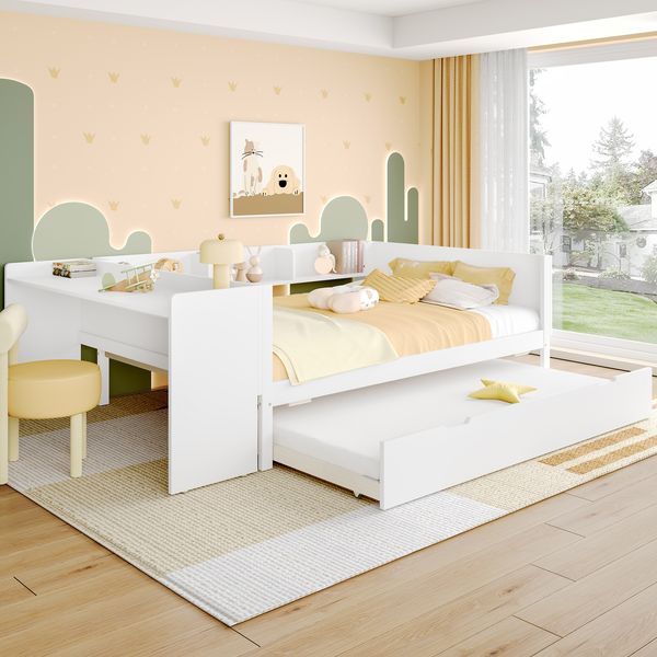 Bett 140x200 cm mit Schreibtisch und Ausziehbett aus Kiefernholz – platzsparendes, vielseitiges Design