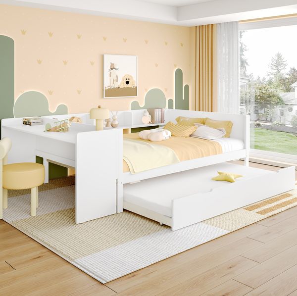 Bett 140x200 cm mit Schreibtisch und Ausziehbett aus Kiefernholz – platzsparendes, vielseitiges Design