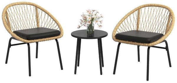 Outsunny Gartenlounge-Set 3-tlg. Rattan Gartenmöbel-Set Balkonmöbel-Set mit Couchtisch 2 Stühlen, (Sitzgarnitur, 3-tlg, Gartensitzgruppe), für Balkon, Terrasse, Polyester, Gelb Bild 2