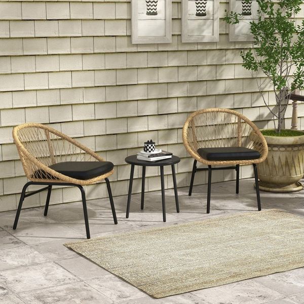 Outsunny Gartenlounge-Set 3-tlg. Rattan Gartenmöbel-Set Balkonmöbel-Set mit Couchtisch 2 Stühlen, (Sitzgarnitur, 3-tlg, Gartensitzgruppe), für Balkon, Terrasse, Polyester, Gelb
