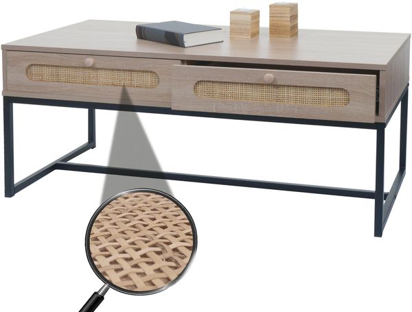 Couchtisch HWC-M41, Wohnzimmertisch Tisch Beistelltisch Sofatisch, Schublade, Kubu Rattan Holz Melamin, Eiche-Optik
