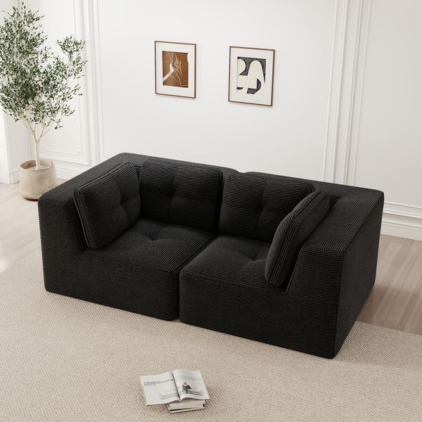 Flieks 2-Sitzer Modulares Sofa, Cloud Sofa Cord rahmenlos, Lounge Sofa bodennah, mit breiten Armlehnen, Schwarz