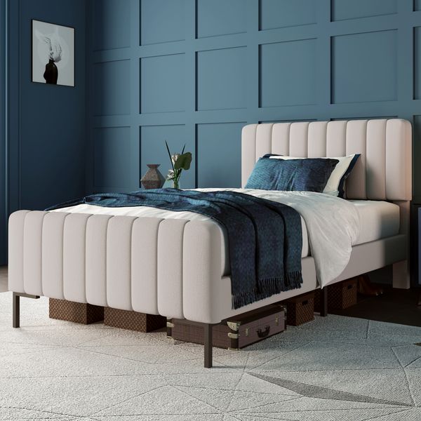 Polsterbett Einzelbett 90x200 cm mit Lattenrost und verstellbarem Kopfteil, Leinenbezug in Grau-Beige