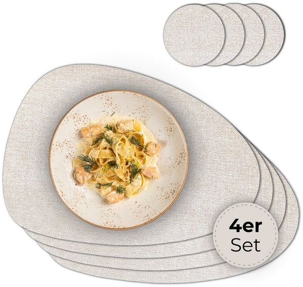 matches21 HOME & HOBBY Platzset Ovales Tischset mit Glasuntersetzer, 4er Set, in Beige meliert, (4-St), Hitzebeständige abwaschbare PVC Platzsets