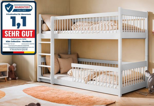 Kids Collective Kinderbett Hochbett Etagenbett 80x180, 90x190, 90x200 cm, umbaubar zu 2 Betten (mit abgerundeten Kanten), 90x200 cm von 4. bis 18. Lebensjahr, Weiß