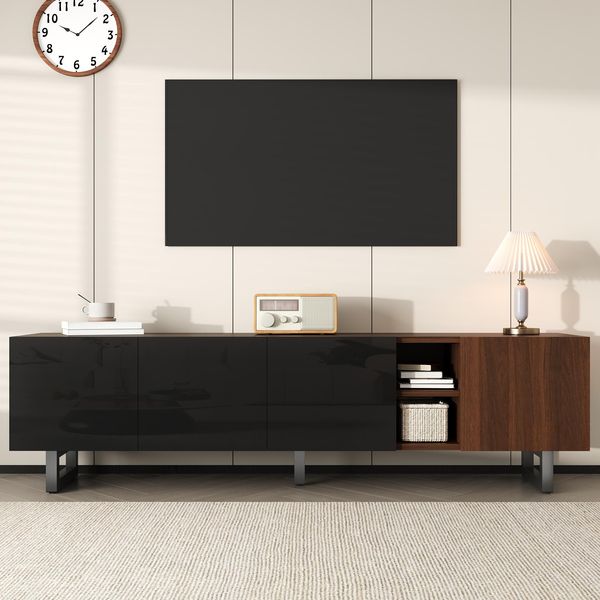 TV-Schrank mit 4 Hochglanz-Türen und Holzoptik, 180x38x50 cm, Schwarz/Natur