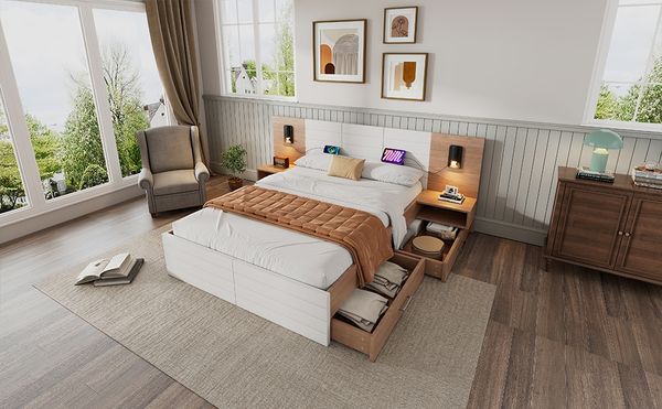 Bett 160x200 cm Massivholz + MDF mit 2 Schubladen, Kopfteil-Leselampe und USB, Weiß + Eiche