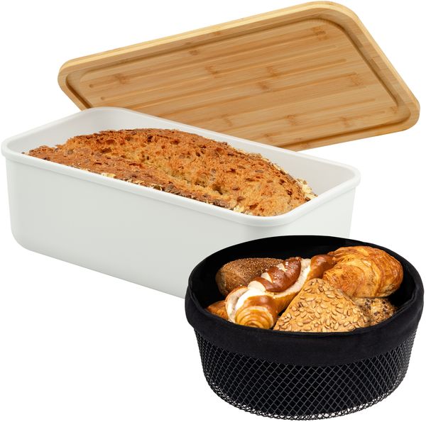 2tlg. Brotaufbewahrungs-Set - Brotkasten und Brotkorb (Kunststoff/Metall, weiß)