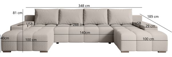 Ecksofa Vento, Couch U-Form, Sofa U-Form Teddy-Bouclé Stoff, Sofa mit Schlaffunktion, USB inkl, 348 x 81 x 185 cm, Hellgrau Bild 6