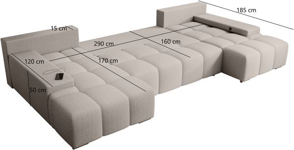 Ecksofa Vento, Couch U-Form, Sofa U-Form Teddy-Bouclé Stoff, Sofa mit Schlaffunktion, USB inkl, 348 x 81 x 185 cm, Hellgrau Bild 7