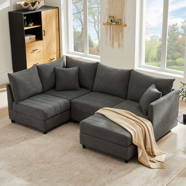 Merax 5-Sitzer Sofa, Ecksofa, Modulares Sofa, L-förmiges Sofa, U-förmiges Sofa, mit umwandelbarem Fußhocker, Grau