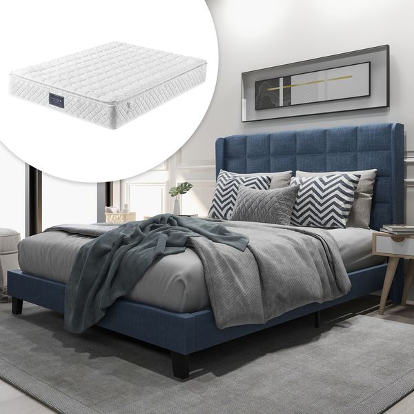 Novelux Polsterbett 140x200 cm mit Lattenrost & Federkernmatratze – Grau Leinen, mittelfest, OEKO-TEX® Standard 100, hoher gepolsterter Kopfteil