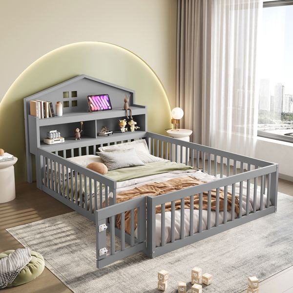 Bett 140x200 cm ohne Matratze, Kinderbett aus Holzmaterial in Hausform mit Kreidetafel, Schutzgitter, Tür und Stauraum