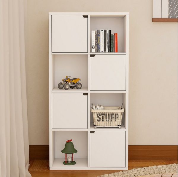 oyajia Bücherregal Bücherschrank 112cm für Wohnzimmer Home Office, 8 Fächer mit 4 Türen, Standregale, für Wohnzimmer, Büro, Weiß