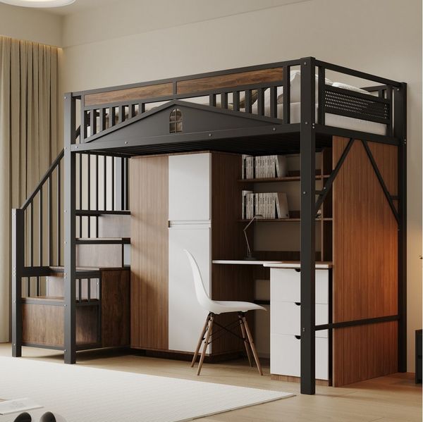 Flieks Hochbett Metallbett Kinderbett 90x200cm mit Stauraumtreppe und Sicherheitszaun