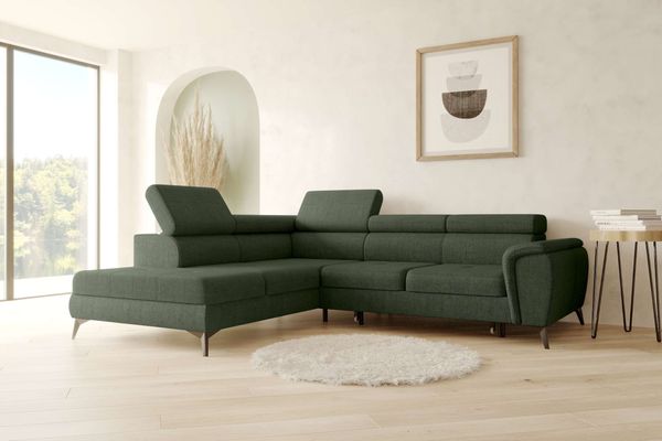 99rooms Parma Ecksofa Velours VOGUE Wintermoos Links mit Schlaffunktion und Stauraum Lieferung Wohnung