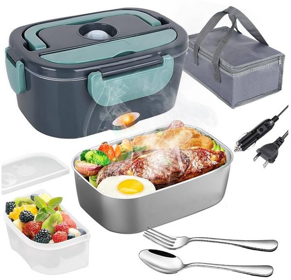 MOPUEA Elektrische Lunchbox 3 in 1 Elektrische Lunchbox für Zuhause und Auto, 1,5 L Brotdose, (Brotdose aus Edelstahl, schnelles Erhitzen von Speisen, 1-tlg, mit getrennter Fach), mit Löffel und Gabeln, Tragetasche und Reinigungstuch