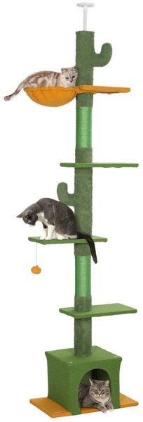 PawHut Kratzbaum Deckenhoch, 230-275 cm, mit Kippschutz, mit mit Katzenhöhle, Kratzstämmen, Spielball, Grün