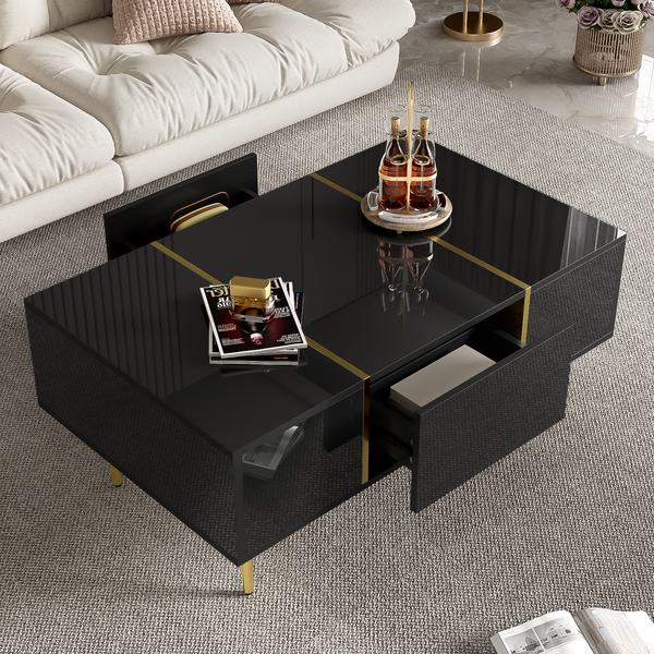 Couchtisch H 41,5 x B 60 x L 100 cm, MDF in Schwarz Hochglanz mit goldfarbenen Metallelementen & 2 Schubladen