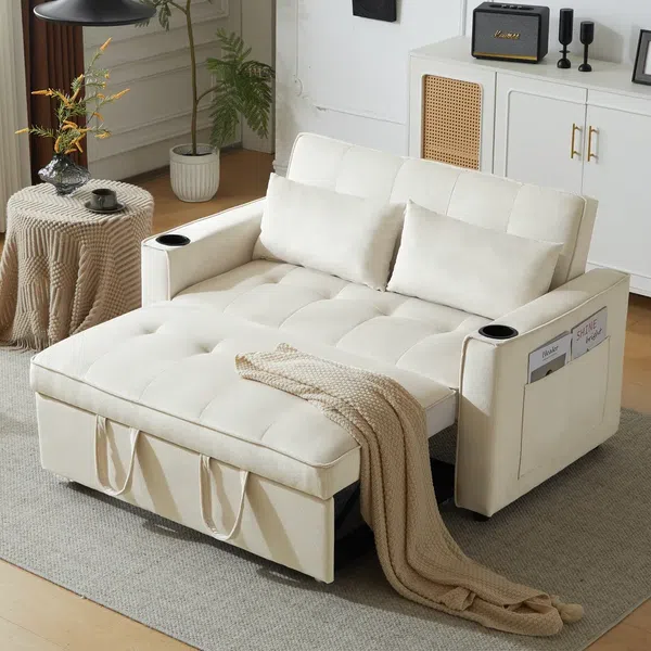 Schlafsofa 2-Sitzer mit Bettfunktion und Rückenkissen, Samtbezug, Liegefläche: 110x160 cm