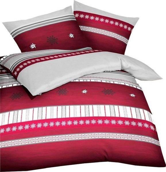 Kaeppel Bettwäsche Edelweiss Kristalle Karmin Rot Grau Weiß, Biber, 2 teilig, tolles Wintermotiv