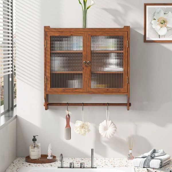 REDOM Hängeschrank Vintage Sideboard aus Massivholz und Glas (63 cm Vintage-Hängeschrank mit Glastüren, Doppeltür-Design, drei Ablagefächer und Handtuchhalter) Gewichtskapazität: 5 kg pro Regal
