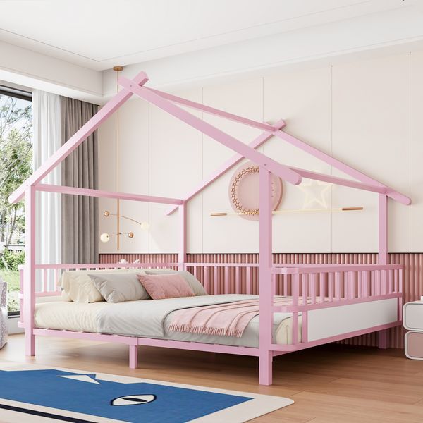 Kinderbett aus Metall in Hausform, 140x200 cm, mit Sicherheitsgitter, Dachdesign und dekorativem Rahmen, für Jungen und Mädchen, Rosa