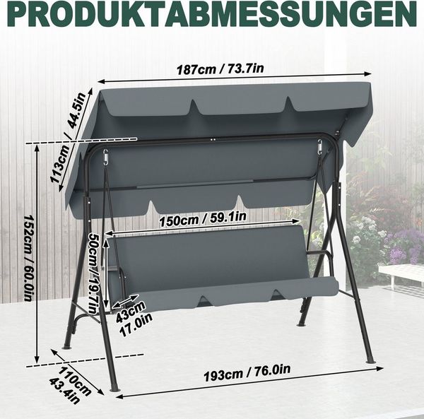 FIVMEN Hollywoodschaukel Gartenschaukel 3-Sitzer Gartenliege Schaukelbank Garten Schaukel, 193x110x152cm, Metall Hängeschaukel mit Verstellbarem Sonnendach Liegefunktion