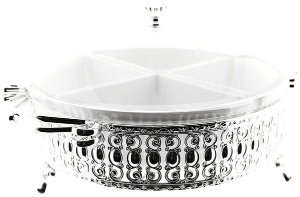 Servier Schalen Set Servierschüssel mit 4 Dipschalen mit Griff und Deckel Silber Rund