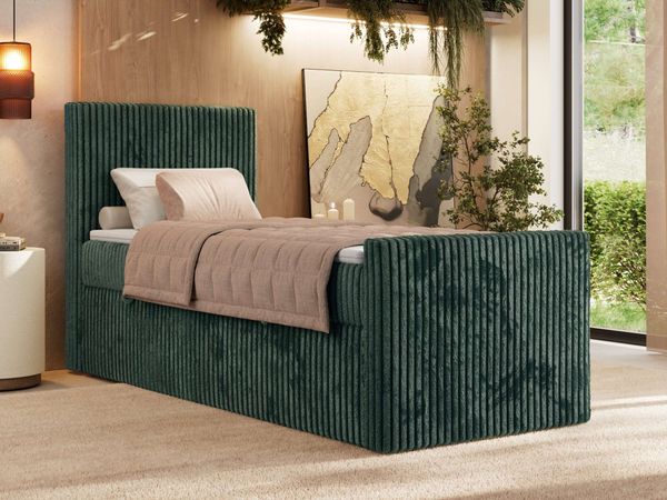 Bett mit Matratze, Boxspringbhett TILIANO DUO 90, Einzelbett 90 x 200 cm, Multipocket-Matratze 7-Zonen-Taschenfederkern - Dunkelgrün Cordstoff - H4 - Links - Topper Visco