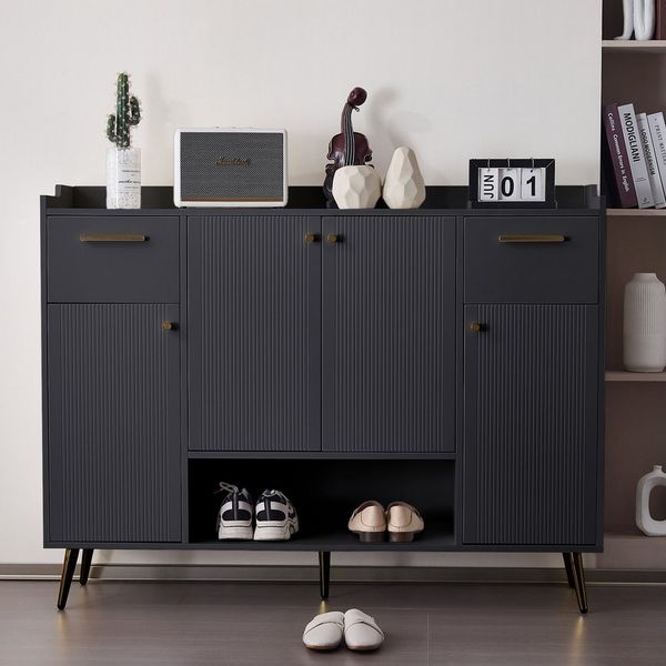 Flieks Schuhschrank Schuhkommode mit 2 Schubladen und 4 Türen (1-St, B130/W37/H100 cm) Schuhregal mit vertellbare Einlegeböden und 8 Fächern, Metallbeine