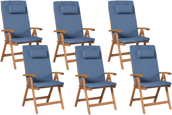 Set mit 6 Stühlen und Sitzkissen JAVA PREMIUM Akazienholz Blau