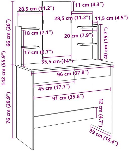 vidaXL Schminktisch mit Spiegel Altholz-Optik 96x39x142 cm 857011 Bild 11