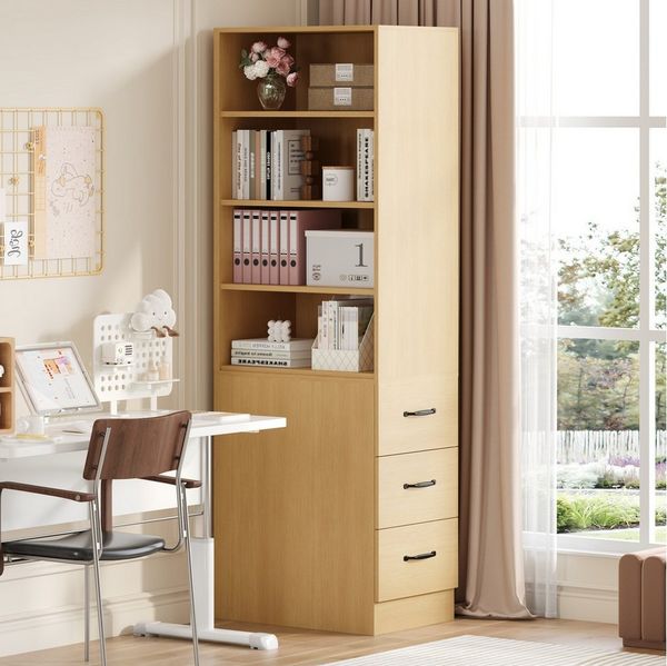 Flieks Bücherregal mit seitlichen Schubladen, links und rechts austauschbar, B60/T38/H180 cm 1-tlg, Hochschrank mit verstellbaren Einlegeböden Wohnzimmerschrank Natur