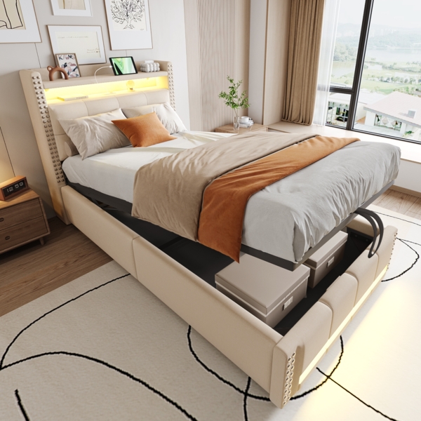 Merax Polsterbett Kinderbett 90x200cm mit LED-Beleuchtung und USB-Steckdose, Kopfteil mit Einlegeböden und Stauraum, Mit Hydraulik für die Lagerung, Einzelbett, Leinen Beige