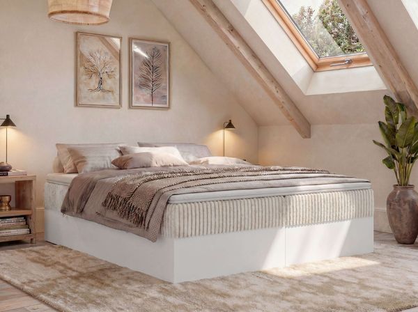 Boxspringbett TRAVIT ZERO mit 7-Zonen-Multipocket-Matratze H4, Doppelbett 160 x 200 cm mit Topper Visco, zwei Bettkästen, Stauraum - Beige Cord