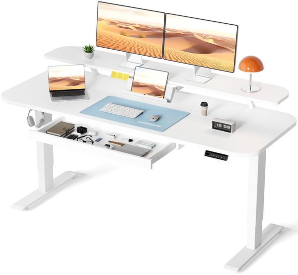 COMHOMA Höhenverstellbarer Schreibtisch Elektrischer, 120x60 cm, mit Schubladen, Monitorständer, Tablet-Ständer, mit 3 höhen Memory-Steuerung, Weiß