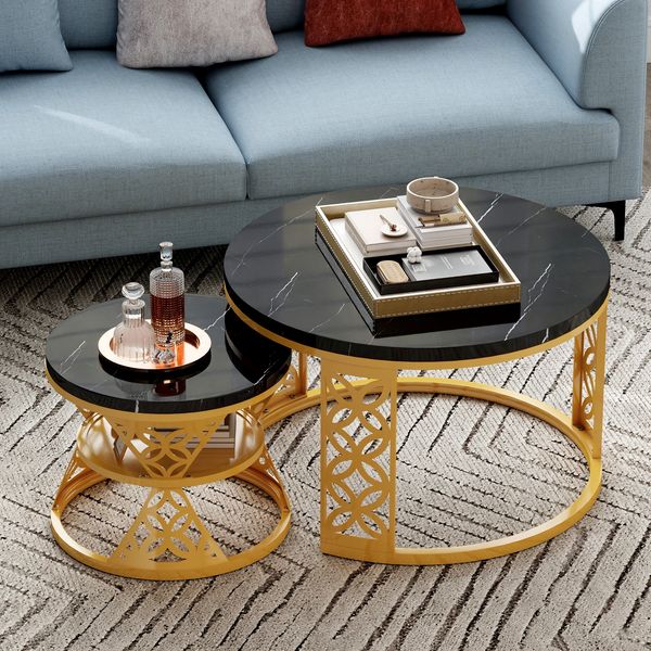 Couchtisch-Set 2-teilig, B 70 x T 70 x H 45 cm, Marmoroptik schwarz mit Metallgestell in Gold