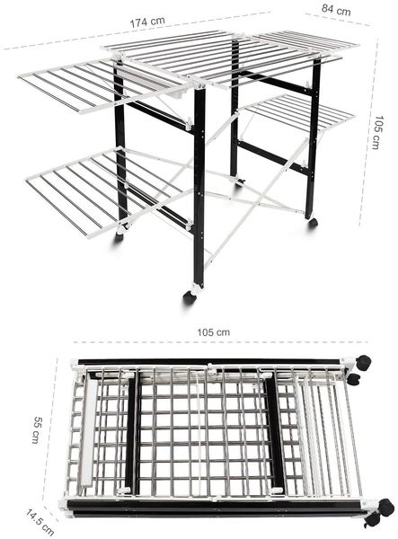 Todeco - Klappbarer Kleiderbügel, Klappbarer Wäscheständer - Material: Edelstahl - Größe der großen klappbaren Seitengitter: 49,0 x 43,2 cm (x 4 Teile) - 174 x 105 x 84 cm, Schwarz/Weiß Bild 7